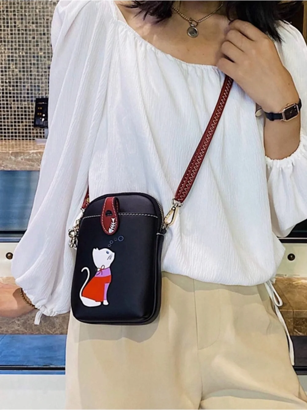 Black Cat Print Crossbody Bag with Red Accents - Picture 4 of 4
